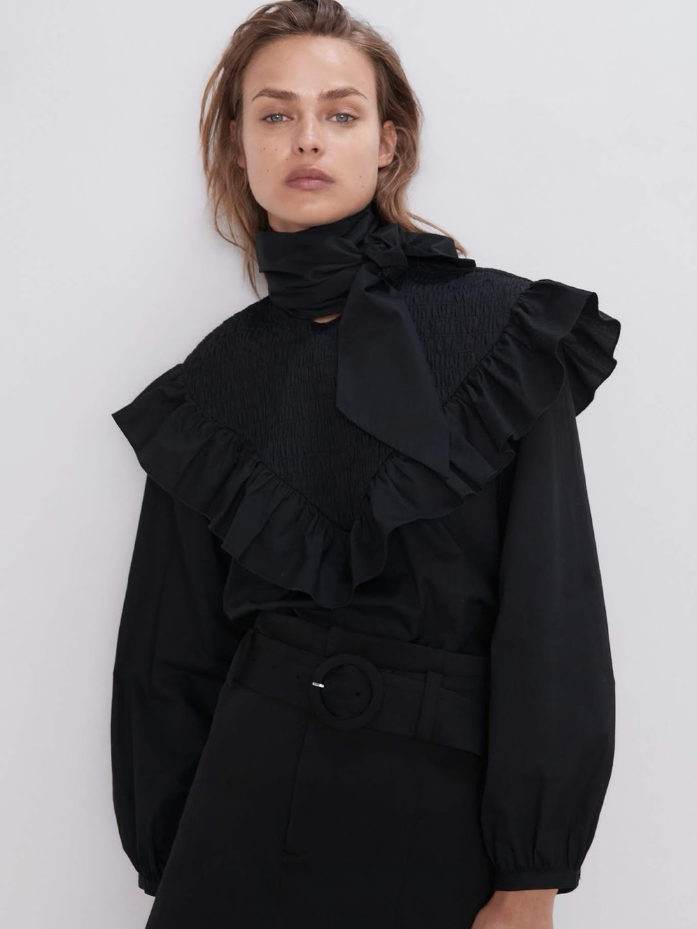 NWT Zara Poplin Smocked Ruffle Blouse with Tie Neck Women’s Size XL